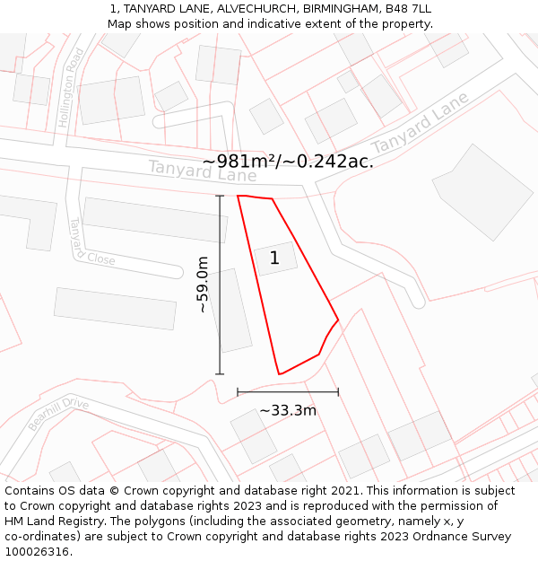 1, TANYARD LANE, ALVECHURCH, BIRMINGHAM, B48 7LL: Plot and title map