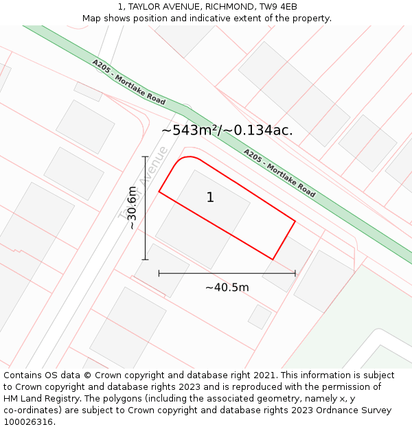 1, TAYLOR AVENUE, RICHMOND, TW9 4EB: Plot and title map