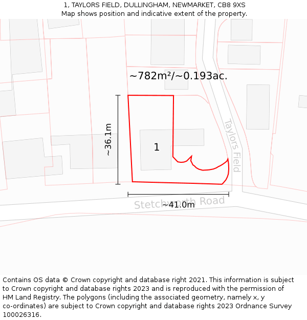 1, TAYLORS FIELD, DULLINGHAM, NEWMARKET, CB8 9XS: Plot and title map