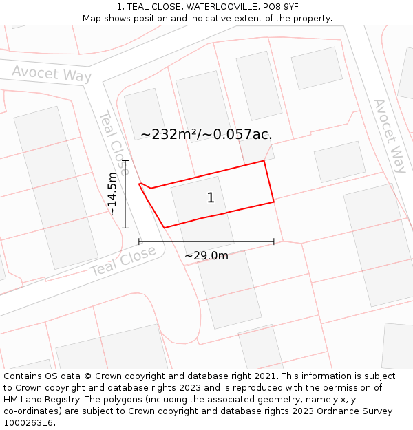 1, TEAL CLOSE, WATERLOOVILLE, PO8 9YF: Plot and title map