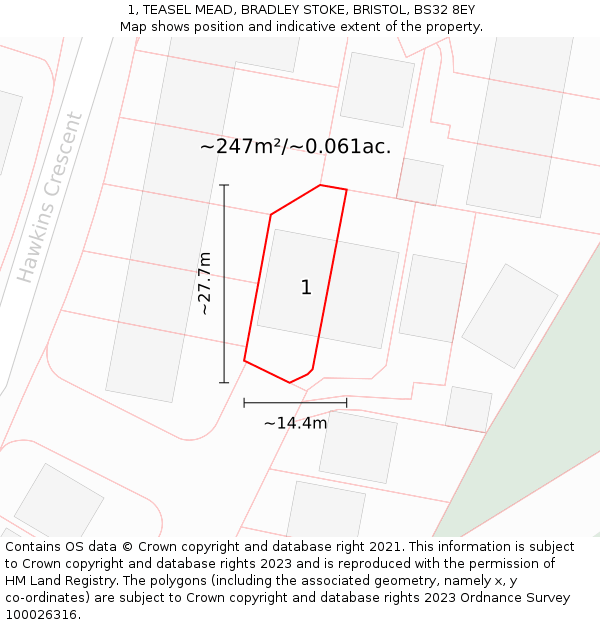 1, TEASEL MEAD, BRADLEY STOKE, BRISTOL, BS32 8EY: Plot and title map