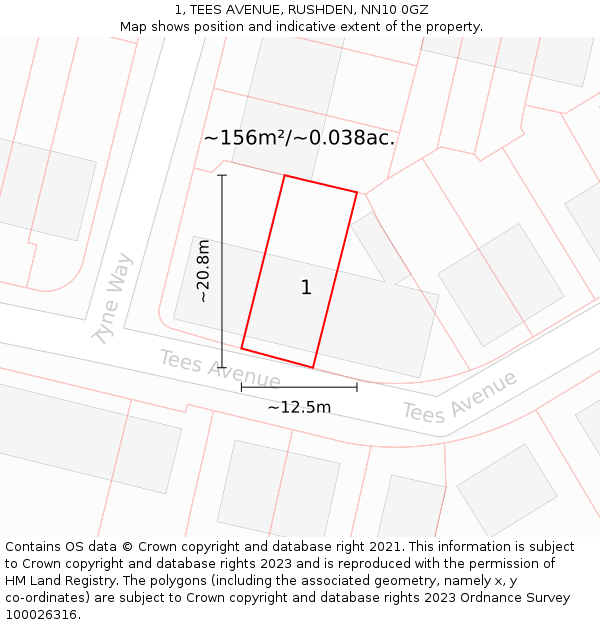 1, TEES AVENUE, RUSHDEN, NN10 0GZ: Plot and title map