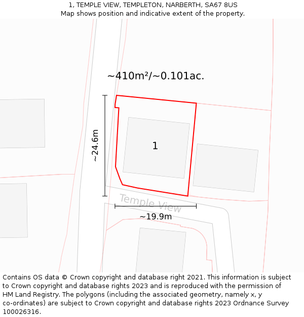 1, TEMPLE VIEW, TEMPLETON, NARBERTH, SA67 8US: Plot and title map