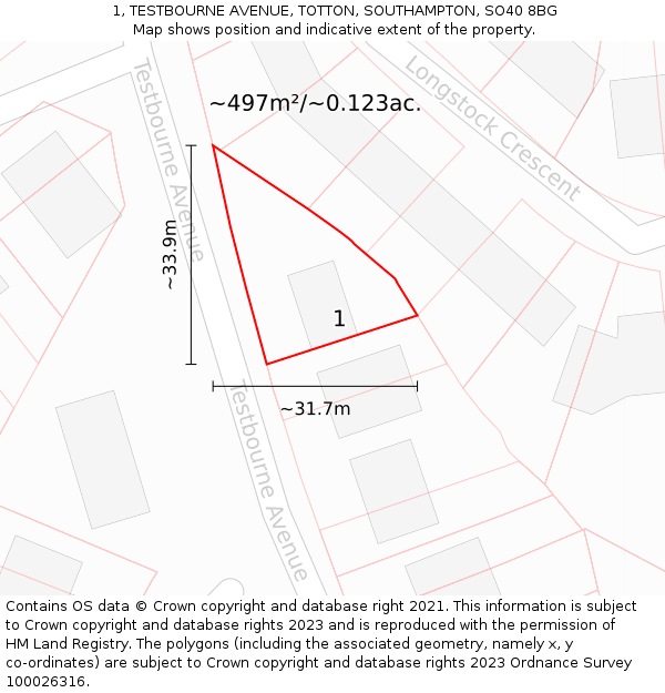 1, TESTBOURNE AVENUE, TOTTON, SOUTHAMPTON, SO40 8BG: Plot and title map