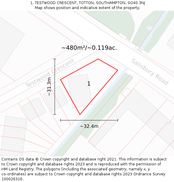 1, TESTWOOD CRESCENT, TOTTON, SOUTHAMPTON, SO40 3NJ: Plot and title map