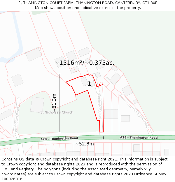 1, THANINGTON COURT FARM, THANINGTON ROAD, CANTERBURY, CT1 3XF: Plot and title map