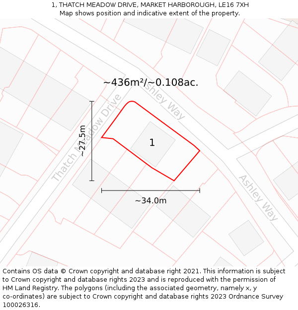 1, THATCH MEADOW DRIVE, MARKET HARBOROUGH, LE16 7XH: Plot and title map