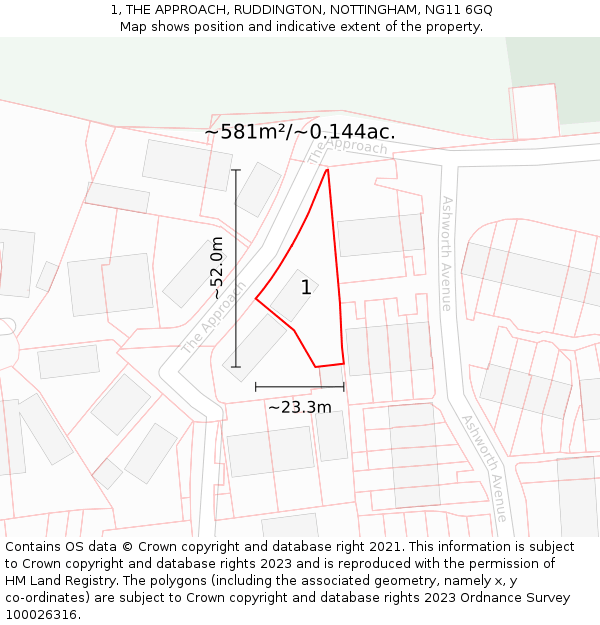 1, THE APPROACH, RUDDINGTON, NOTTINGHAM, NG11 6GQ: Plot and title map