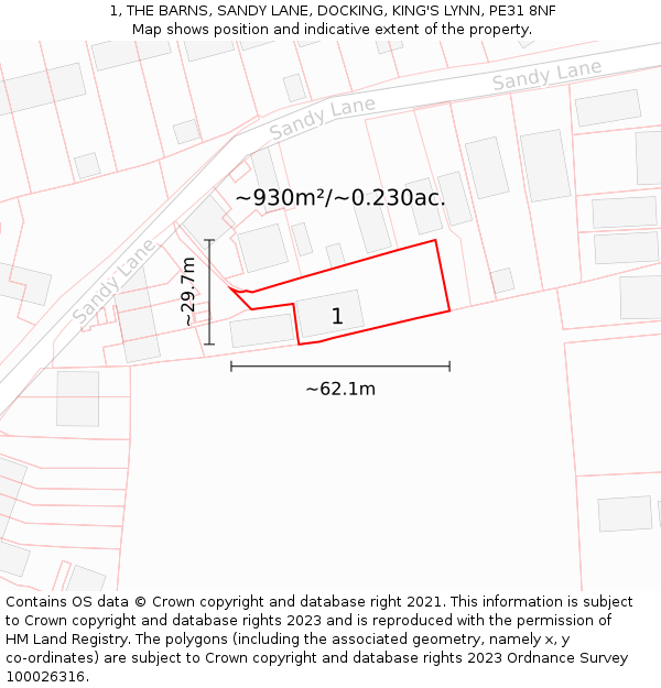 1, THE BARNS, SANDY LANE, DOCKING, KING'S LYNN, PE31 8NF: Plot and title map