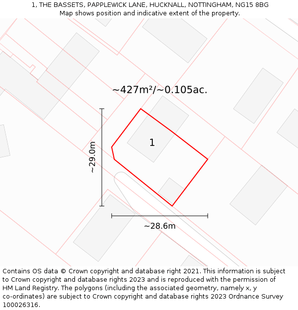 1, THE BASSETS, PAPPLEWICK LANE, HUCKNALL, NOTTINGHAM, NG15 8BG: Plot and title map