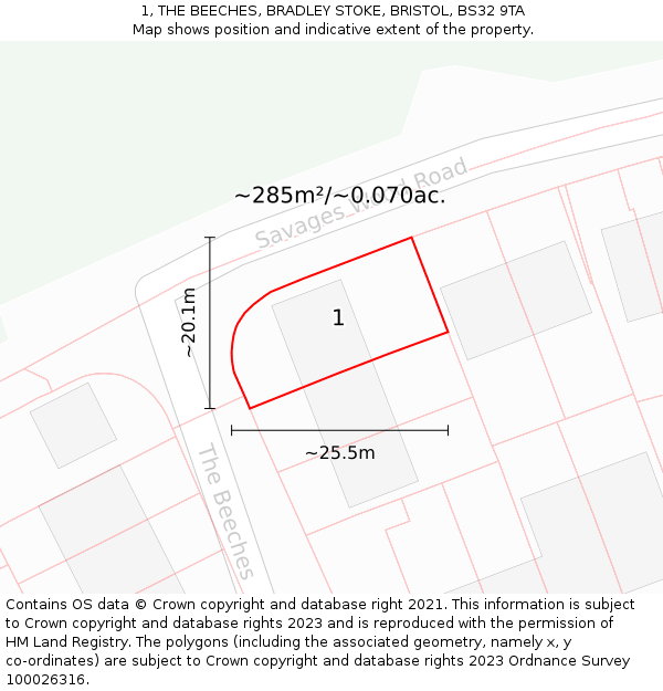 1, THE BEECHES, BRADLEY STOKE, BRISTOL, BS32 9TA: Plot and title map