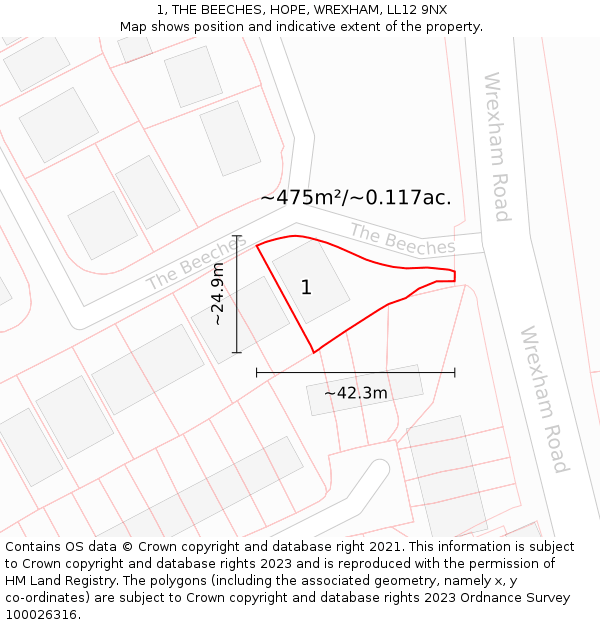 1, THE BEECHES, HOPE, WREXHAM, LL12 9NX: Plot and title map