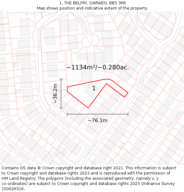 1, THE BELFRY, DARWEN, BB3 3RR: Plot and title map