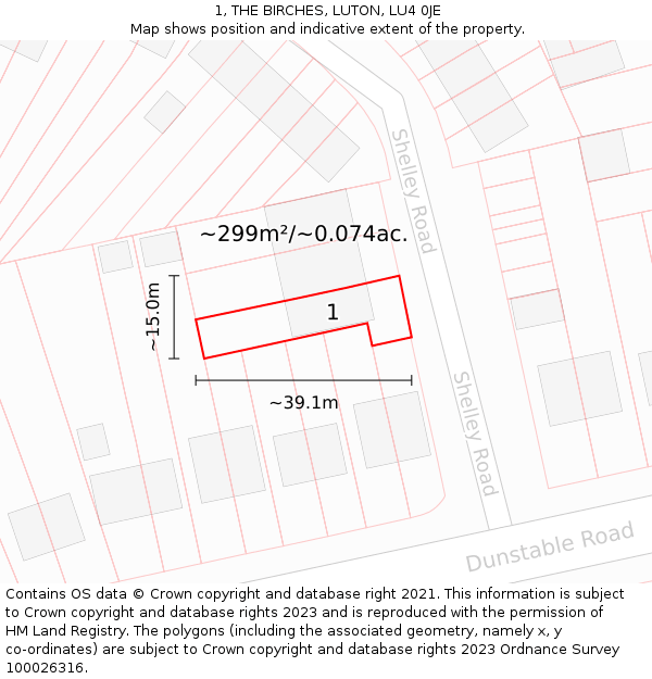 1, THE BIRCHES, LUTON, LU4 0JE: Plot and title map