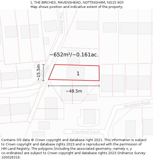 1, THE BIRCHES, RAVENSHEAD, NOTTINGHAM, NG15 9GY: Plot and title map