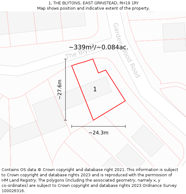 1, THE BLYTONS, EAST GRINSTEAD, RH19 1RY: Plot and title map