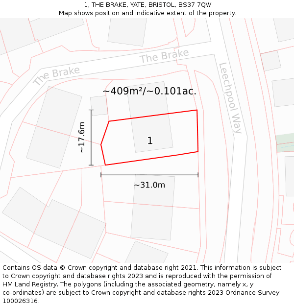 1, THE BRAKE, YATE, BRISTOL, BS37 7QW: Plot and title map