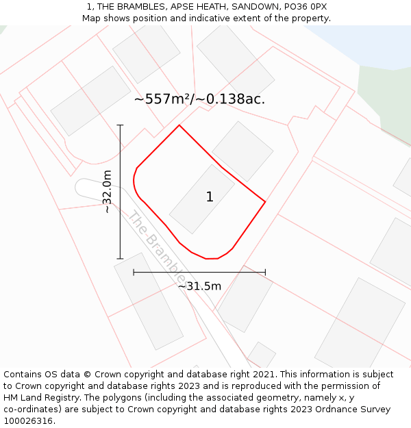 1, THE BRAMBLES, APSE HEATH, SANDOWN, PO36 0PX: Plot and title map