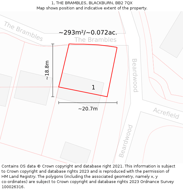 1, THE BRAMBLES, BLACKBURN, BB2 7QX: Plot and title map