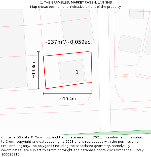 1, THE BRAMBLES, MARKET RASEN, LN8 3NS: Plot and title map