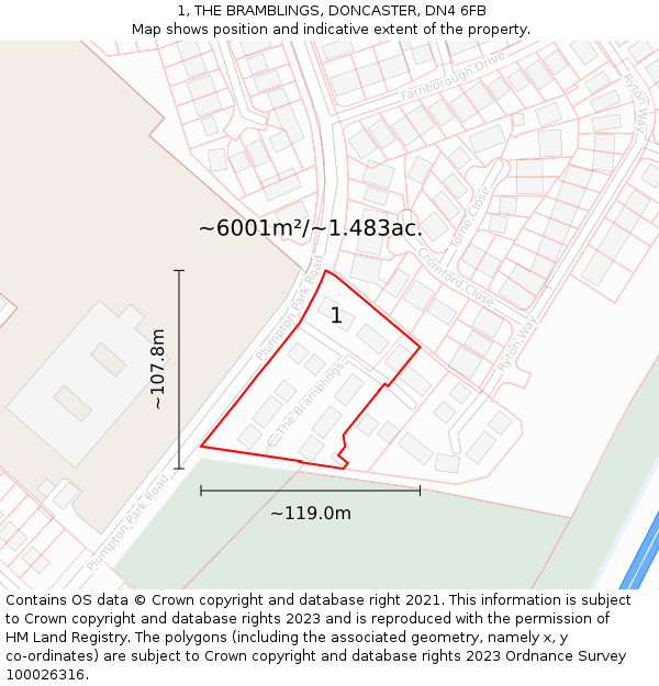 1, THE BRAMBLINGS, DONCASTER, DN4 6FB: Plot and title map