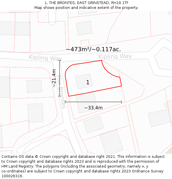 1, THE BRONTES, EAST GRINSTEAD, RH19 1TF: Plot and title map