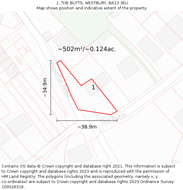 1, THE BUTTS, WESTBURY, BA13 3EU: Plot and title map