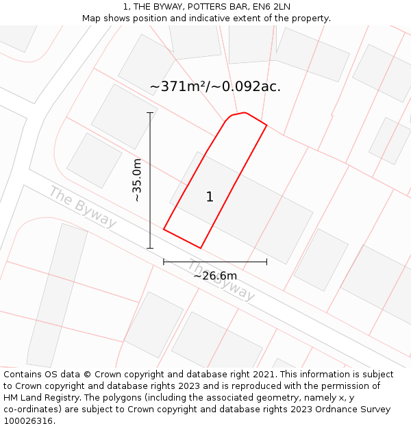 1, THE BYWAY, POTTERS BAR, EN6 2LN: Plot and title map