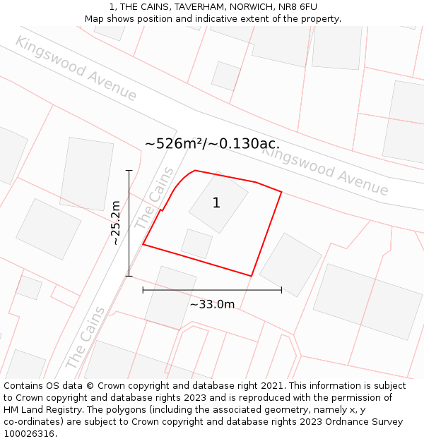 1, THE CAINS, TAVERHAM, NORWICH, NR8 6FU: Plot and title map