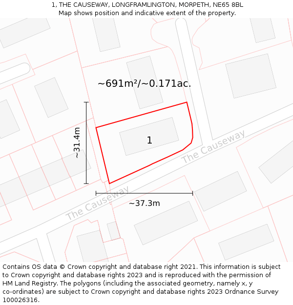 1, THE CAUSEWAY, LONGFRAMLINGTON, MORPETH, NE65 8BL: Plot and title map