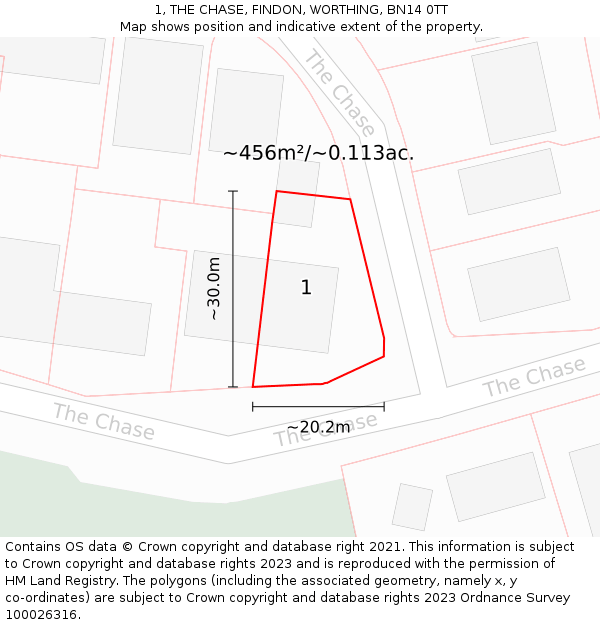 1, THE CHASE, FINDON, WORTHING, BN14 0TT: Plot and title map