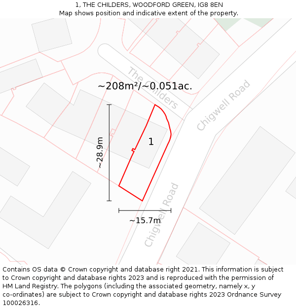 1, THE CHILDERS, WOODFORD GREEN, IG8 8EN: Plot and title map