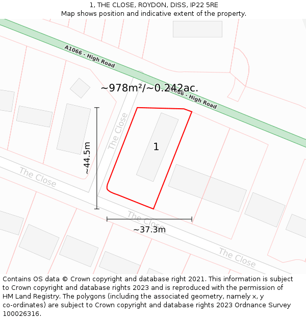 1, THE CLOSE, ROYDON, DISS, IP22 5RE: Plot and title map