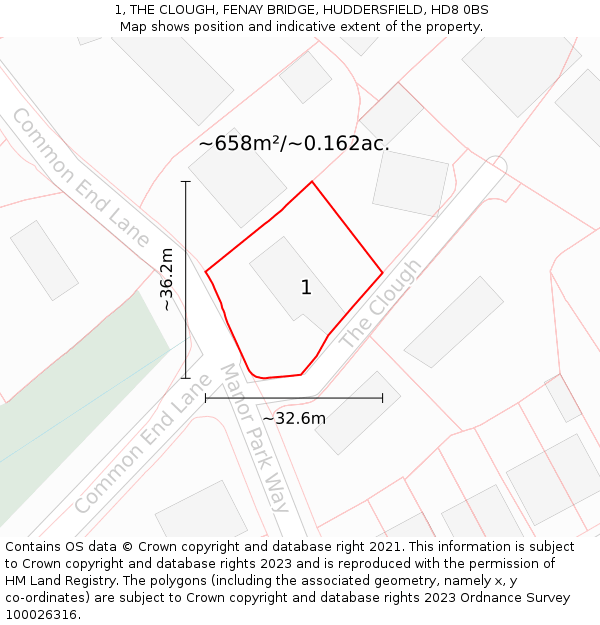 1, THE CLOUGH, FENAY BRIDGE, HUDDERSFIELD, HD8 0BS: Plot and title map