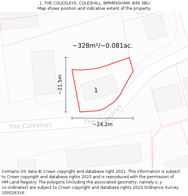 1, THE COLESLEYS, COLESHILL, BIRMINGHAM, B46 3BU: Plot and title map