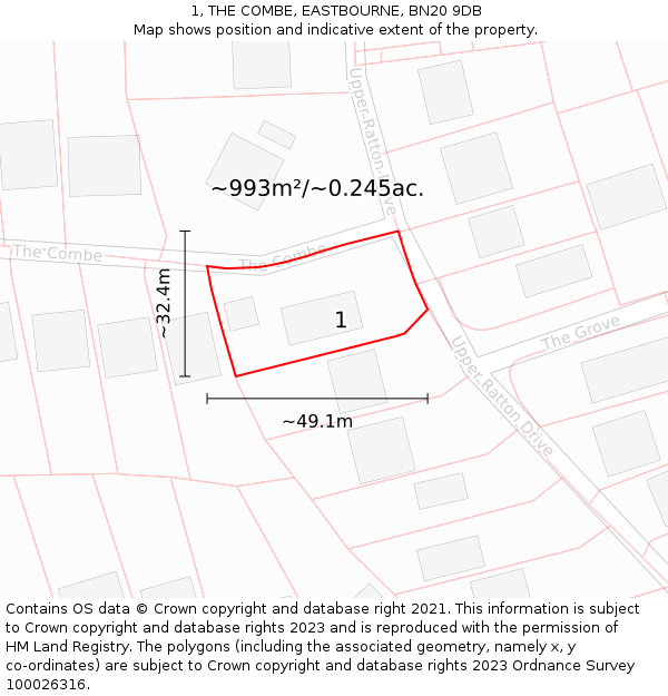 1, THE COMBE, EASTBOURNE, BN20 9DB: Plot and title map
