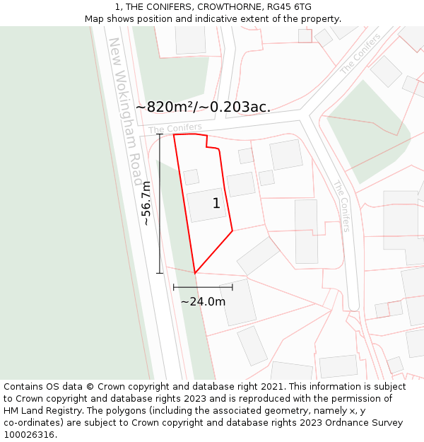 1, THE CONIFERS, CROWTHORNE, RG45 6TG: Plot and title map