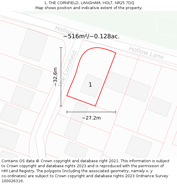 1, THE CORNFIELD, LANGHAM, HOLT, NR25 7DQ: Plot and title map