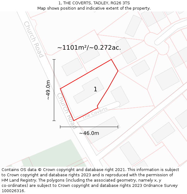 1, THE COVERTS, TADLEY, RG26 3TS: Plot and title map