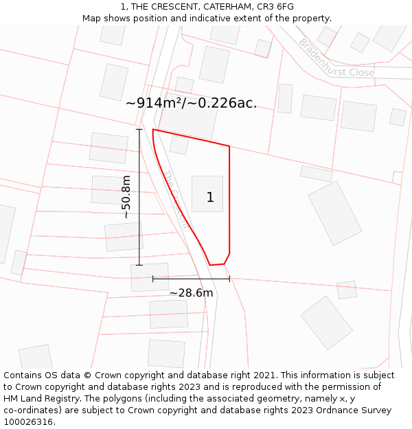 1, THE CRESCENT, CATERHAM, CR3 6FG: Plot and title map