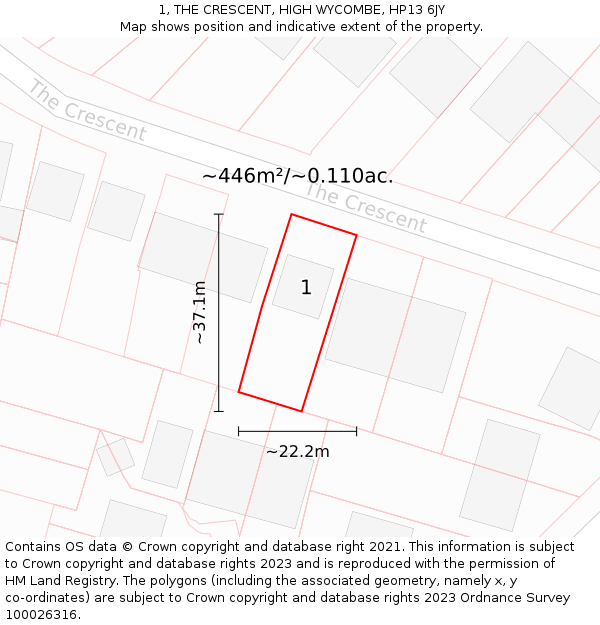 1, THE CRESCENT, HIGH WYCOMBE, HP13 6JY: Plot and title map