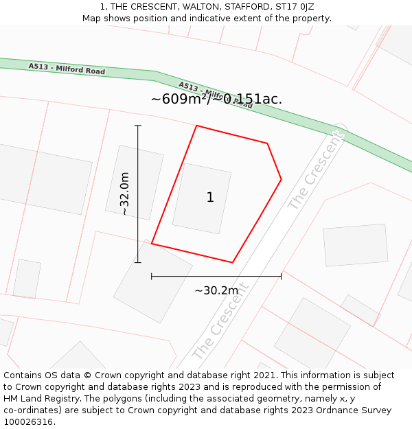 1, THE CRESCENT, WALTON, STAFFORD, ST17 0JZ: Plot and title map