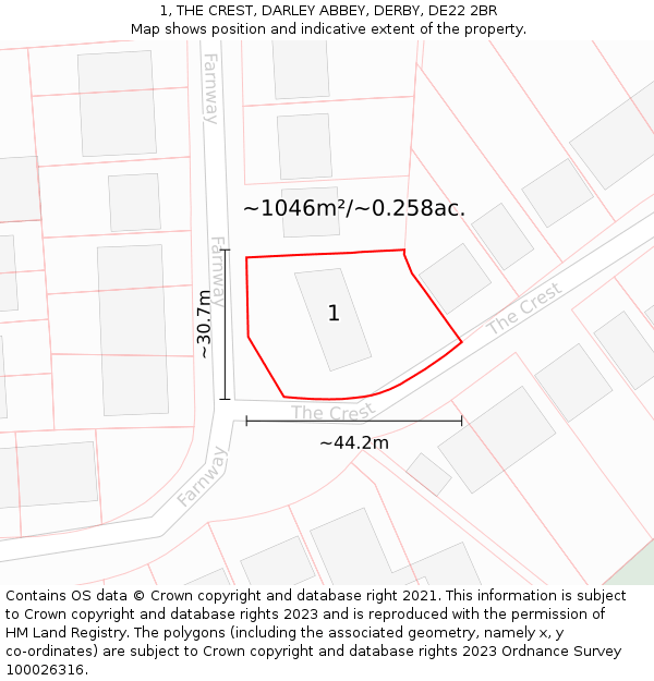 1, THE CREST, DARLEY ABBEY, DERBY, DE22 2BR: Plot and title map