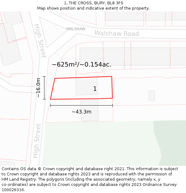 1, THE CROSS, BURY, BL8 3FS: Plot and title map