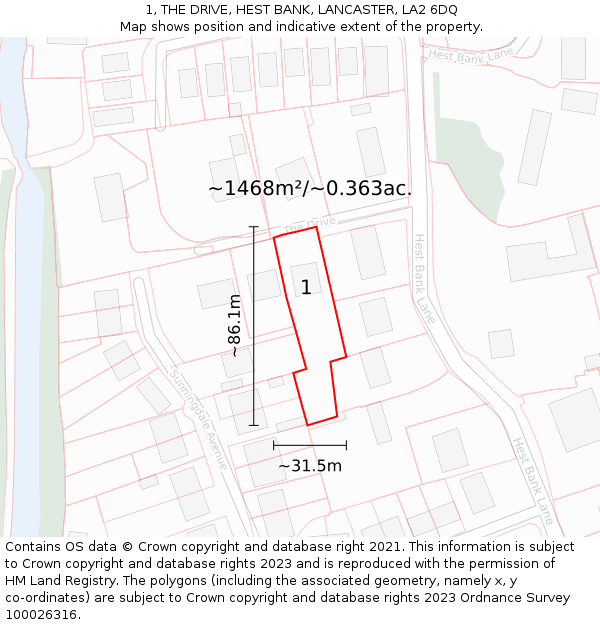 1, THE DRIVE, HEST BANK, LANCASTER, LA2 6DQ: Plot and title map