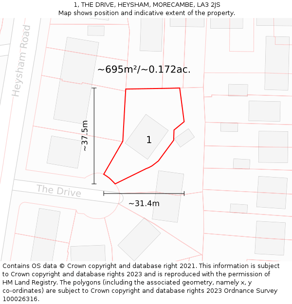 1, THE DRIVE, HEYSHAM, MORECAMBE, LA3 2JS: Plot and title map