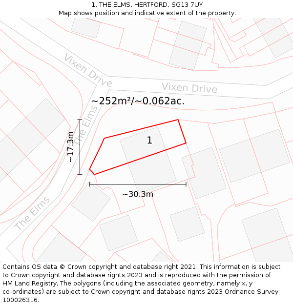 1, THE ELMS, HERTFORD, SG13 7UY: Plot and title map