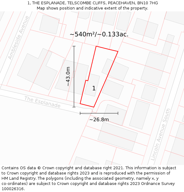 1, THE ESPLANADE, TELSCOMBE CLIFFS, PEACEHAVEN, BN10 7HG: Plot and title map