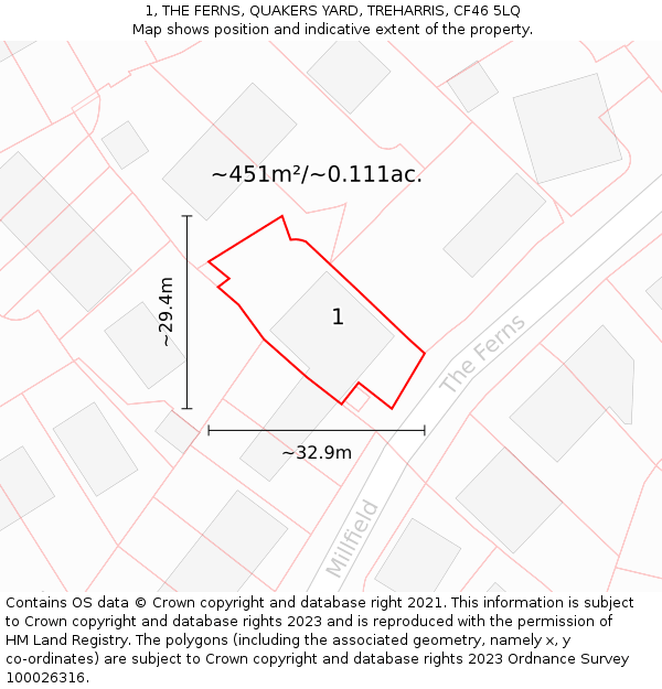 1, THE FERNS, QUAKERS YARD, TREHARRIS, CF46 5LQ: Plot and title map