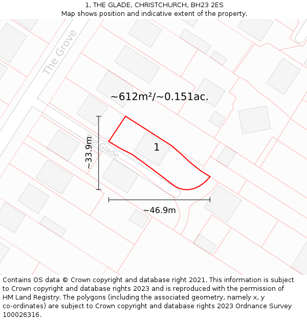 1, THE GLADE, CHRISTCHURCH, BH23 2ES: Plot and title map